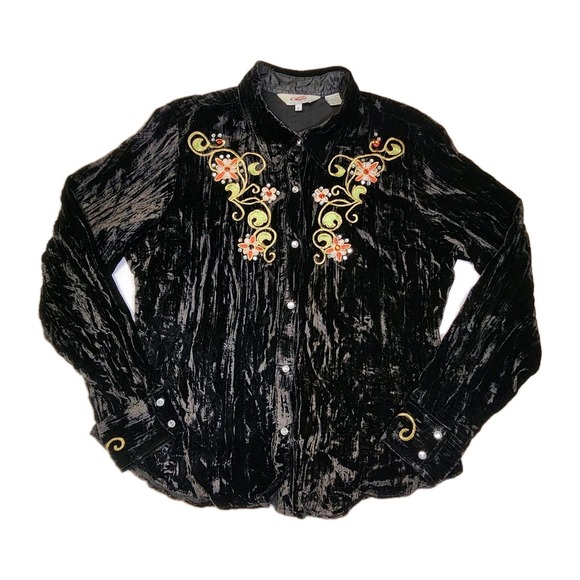 Roper Tops - Roper Fancy Western Shirt XL Black Velvet Embroidered Rhinestone Pearl Snap